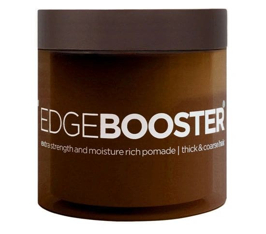 A brown container of edge booster hair pomade.