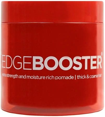 A red container of hair gel with the words edge booster written on it.