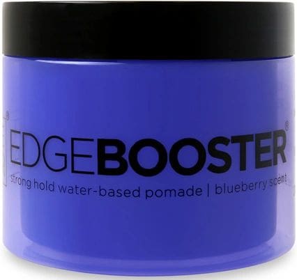 A blue container of edge booster hair pomade.