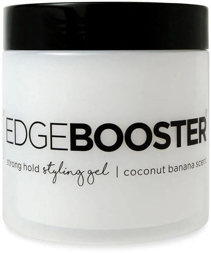 A jar of edge booster hair styling gel.