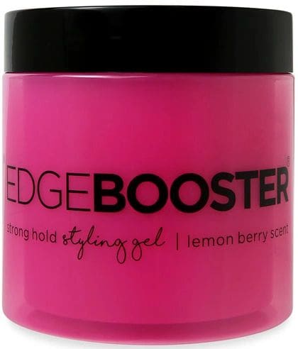 A pink jar of edge booster hair styling gel.