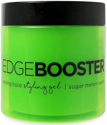 A jar of edge booster hair styling gel.