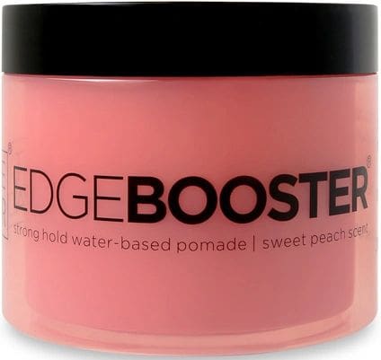 A pink container of hair gel with the words edge booster written on it.