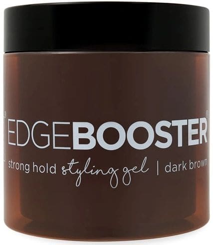 A jar of edge booster hair styling gel.