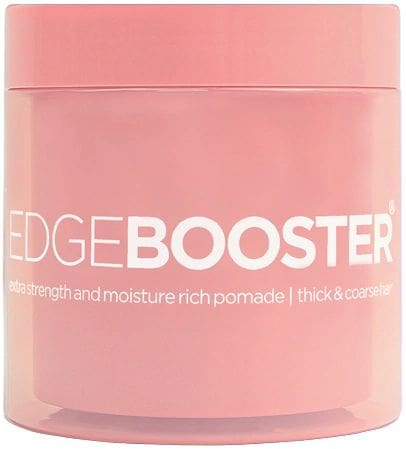 A pink container with the words edge booster on it.