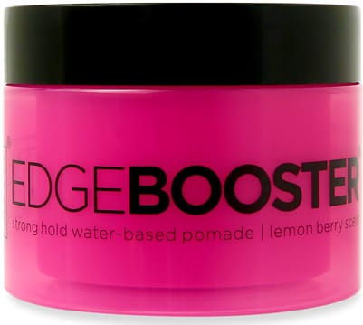 A pink container of hair gel with black writing.