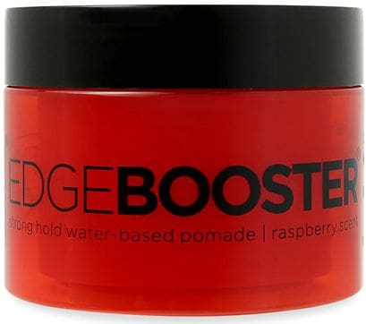 A red container of hair gel with black writing.