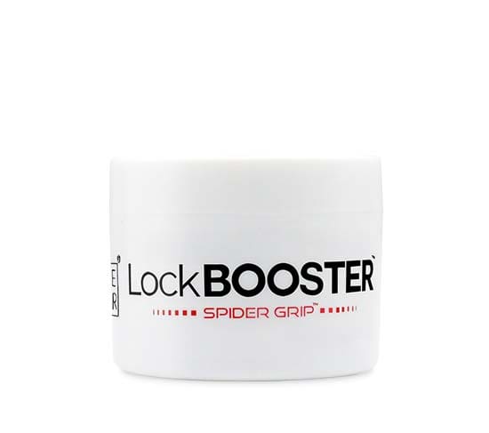 A white container with the words " lock booster spiders grey ".