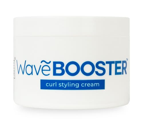 A white container of wave booster curl styling cream.