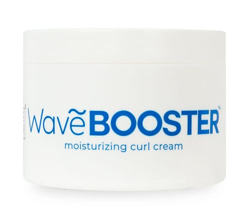 A white container of wave booster moisturizing curl cream.