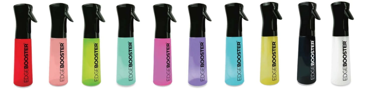 A group of four spray bottles with different colors.